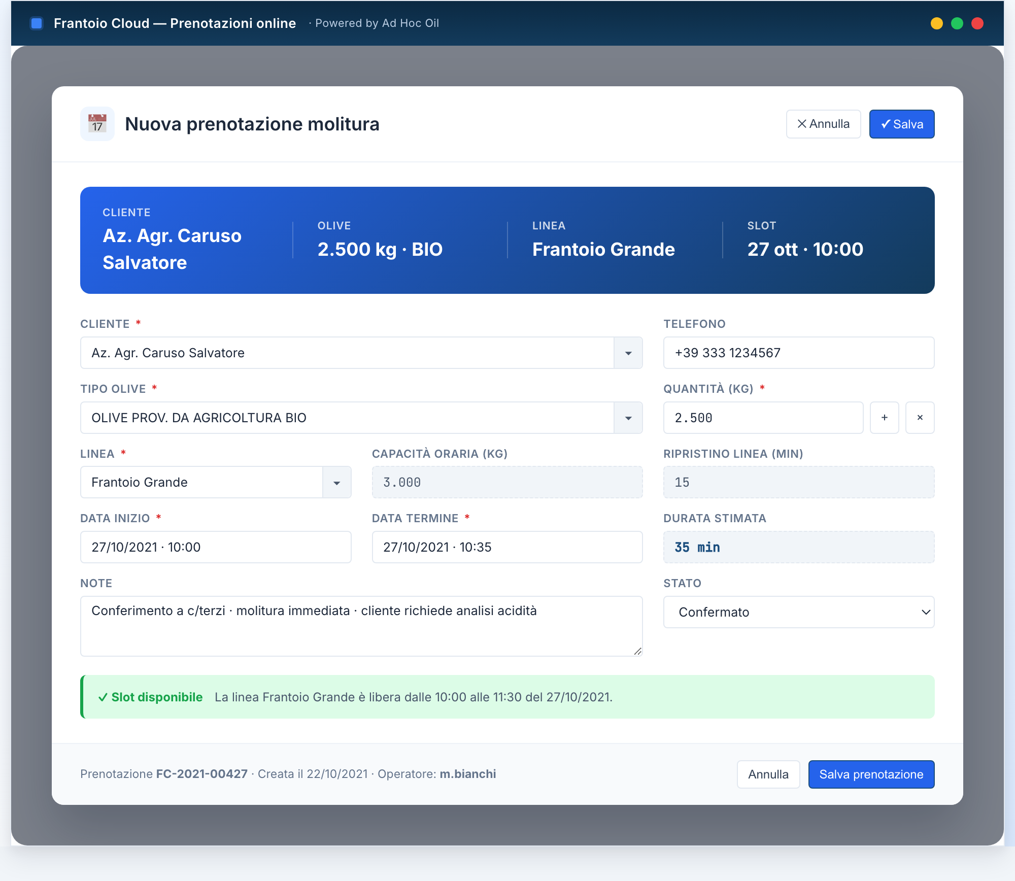 Prenotazione molitura online Frantoio Cloud: cliente, tipo olive, quantità, linea frantoio, durata stimata e slot di produzione disponibili